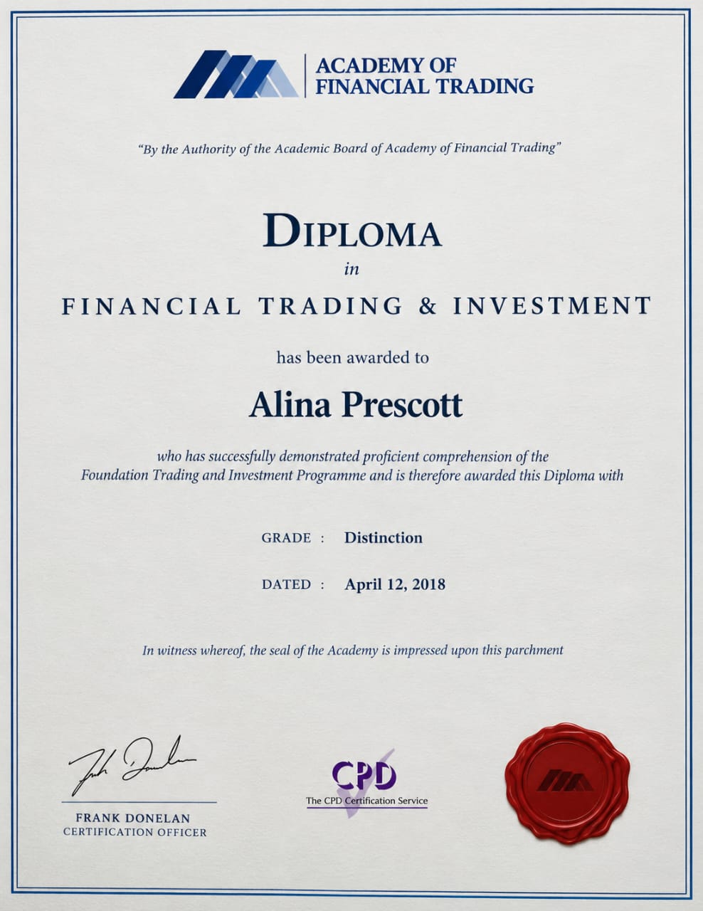 Diploma in Financial Trading & Investment awarded to Alina Prescott